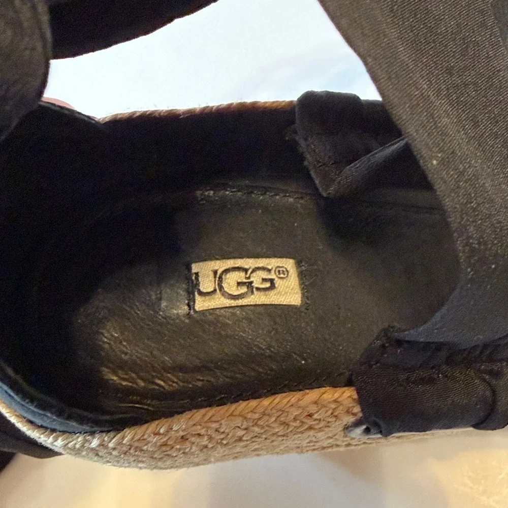 UGG Jules Black Wedge Sandal with ribbon ankle ties, open toe, size 8.5US